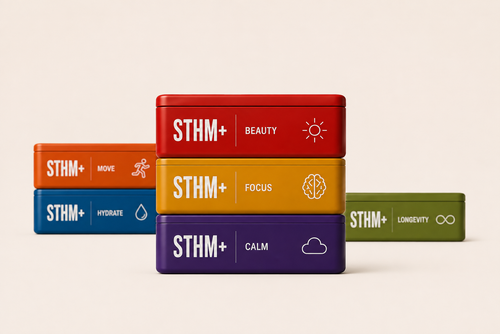 STHM+ Pick 3 supplement storage tin set showing Beauty, Focus and Calm tins with Move, Hydrate and Longevity behind